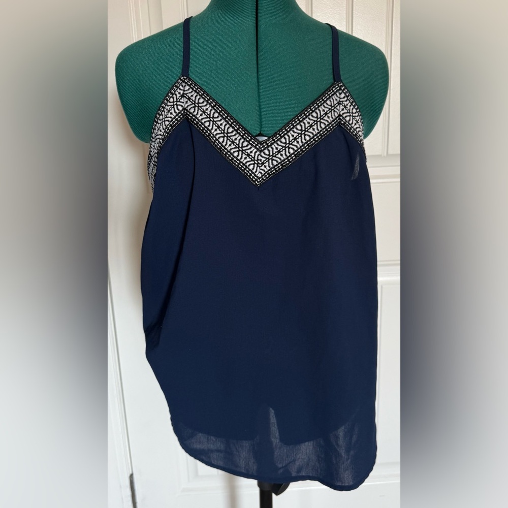 Navy Beaded V‑Neck Cami Tank Top